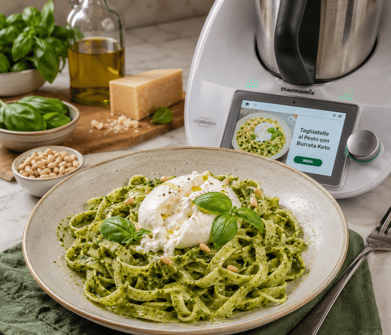 Tagliatelle al Pesto con Burrata Keto